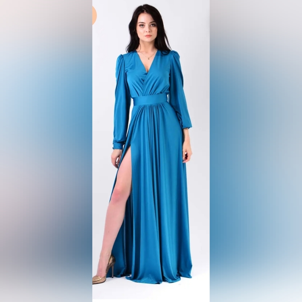 New Deep V Neck Double Split Bishop Sleeve Dress Blue L
